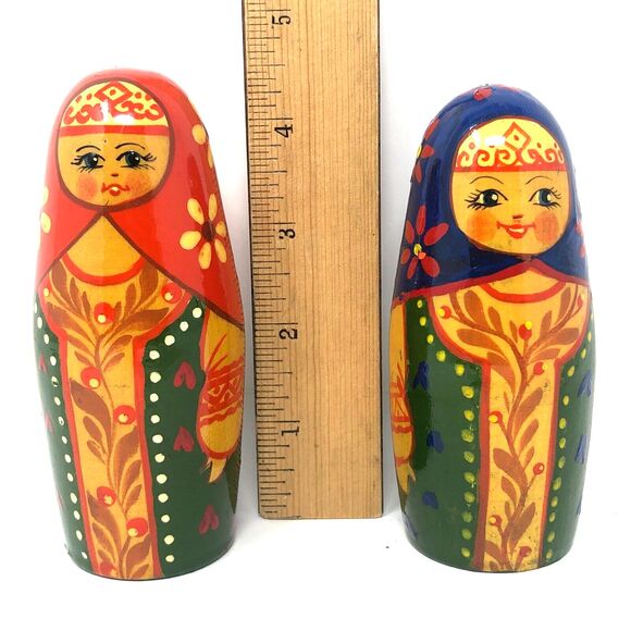 Matryoshka Russian Chime Doll Vintage Hand Painted Roly Poly Folk Art Set of 2 - Picture 12 of 15
